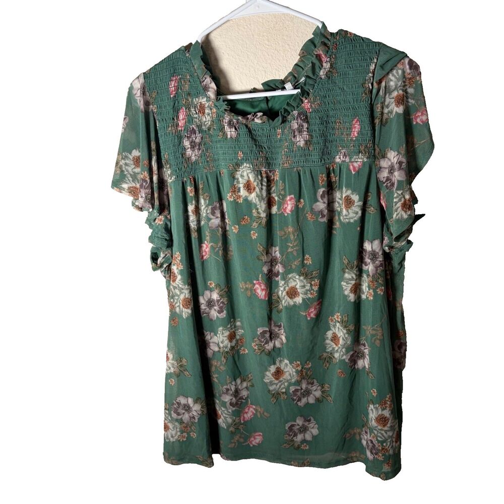 Poppi Blouse Women's 2X Green Smocked Ruffle Crew Neck Mesh Boho Top Shirt
